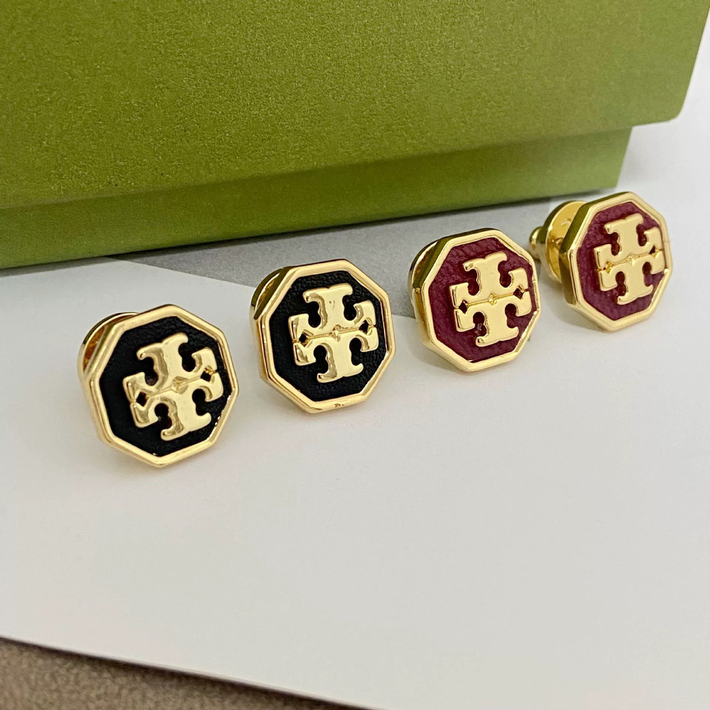 Tory Burch Letter Inlay Leather Octagonal Metal Stud Earrings